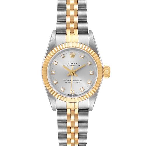 The image shows a frontal view of the Rolex Oyster Perpetual 67193 Women's Steel and Gold (two tone) Silver Dial 67193 Women's Steel and Gold (two tone) Silver Dial watch, highlighting the dial, bracelet, and crown.