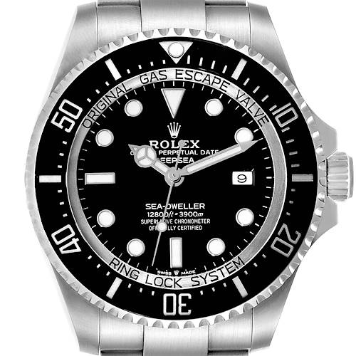 The image shows a front view of the Rolex Sea-Dweller 126660 Men's Stainless Steel Black Dial 126660 Men's Stainless Steel Black Dial watch, highlighting the dial, bezel, and part of the bracelet.