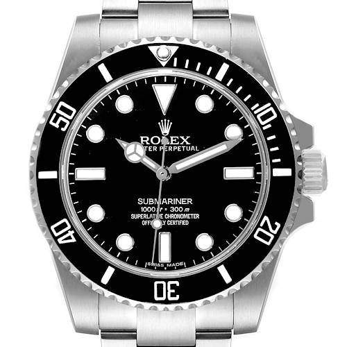 The image shows a frontal view of a Rolex Submariner 114060 Men's Stainless Steel Black Dial 114060 Men's Stainless Steel Black Dial, displaying the dial, bezel, crown, and part of the bracelet.