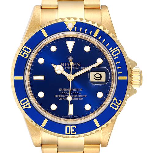 The image shows a front view of a Rolex Submariner 16618 Men's Yellow Gold Blue Dial 16618 Men's Yellow Gold Blue Dial watch, highlighting its blue dial, date window, and gold bracelet.