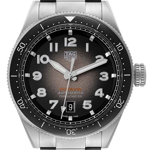 This image shows a front view of the Tag Heuer Autavia WBE5114.EB0173 Men's Stainless Steel Brown Dial WBE5114.EB0173 Men's Stainless Steel Brown Dial model, highlighting the dial, bezel, hands, crown, and part of the bracelet.