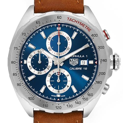 The image shows a front view of a Tag Heuer Formula 1 CAZ2015.BA0876 Men's Stainless Steel Blue Dial CAZ2015.BA0876 Men's Stainless Steel Blue Dial watch, highlighting its blue dial, subdials, tachymeter bezel, and date display.