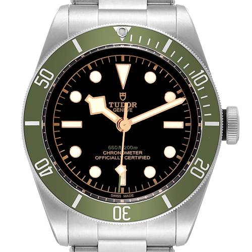 This Tudor Heritage Black Bay 79230G Men's Stainless Steel Black Dial 79230G Men's Stainless Steel Black Dial watch is shown head-on, displaying the dial, bezel, lugs, and part of the bracelet.