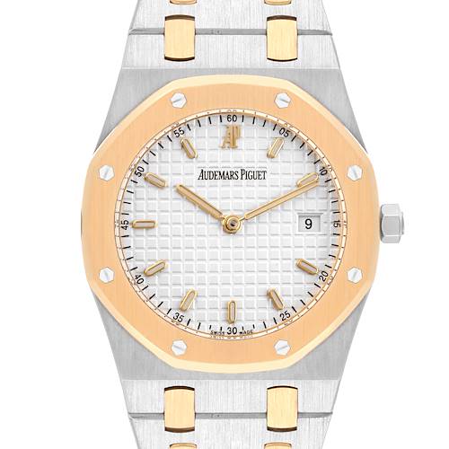 The image shows the front view of an Audemars Piguet Royal Oak 57175SA.OO.0789SA.01 Men's Steel and Gold (two tone) White Dial 57175SA.OO.0789SA.01 Men's Steel and Gold (two tone) White Dial watch, highlighting the dial, bezel, and part of the bracelet.