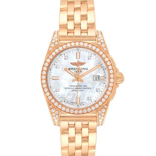 The Breitling H72348 Women's Rose Gold Mother of Pearl Dial H72348 Women's Rose Gold Mother of Pearl Dial Galactic 29 H72348 model is shown from the front, featuring a rose gold bracelet, diamond bezel, and mother of pearl dial.