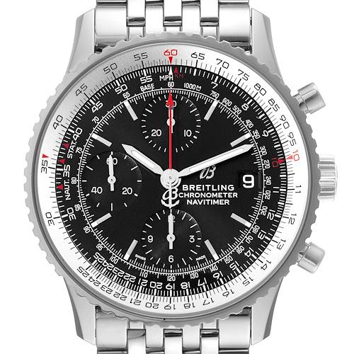 The image shows a front view of a Breitling Navitimer A13324 Men's Stainless Steel Black Dial A13324 Men's Stainless Steel Black Dial watch, highlighting its dial, bezel, sub-dials, and stainless steel bracelet.