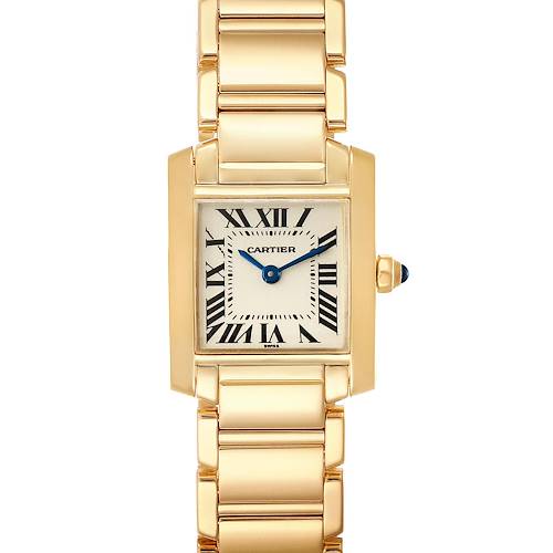 The image displays a frontal view of the Cartier Tank Francaise W50002N2 Women's Yellow Gold Silver Dial W50002N2 Women's Yellow Gold Silver Dial watch, highlighting its rectangular face, gold case, and bracelet.