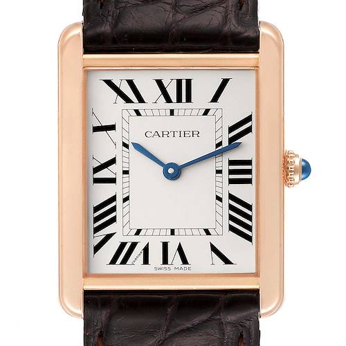 This image shows a close-up front view of the Cartier Tank Solo W5200025 Men's Rose Gold Silver Dial W5200025 Men's Rose Gold Silver Dial watch face, highlighting its Roman numerals, blue hands, and leather strap.