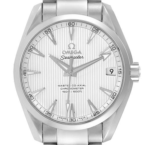 This image shows a frontal view of the Omega Aqua Terra 231.10.39.21.02.002 Men's Stainless Steel Silver Dial 231.10.39.21.02.002 Men's Stainless Steel Silver Dial Seamaster watch, displaying its face, dial, hands, date window, and part of the bracelet.