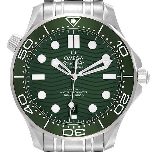 The image shows a front view of an Omega Seamaster 210.30.42.20.10.001 Men's Stainless Steel Green Dial 210.30.42.20.10.001 Men's Stainless Steel Green Dial watch, highlighting its green dial, bezel, and stainless steel bracelet.