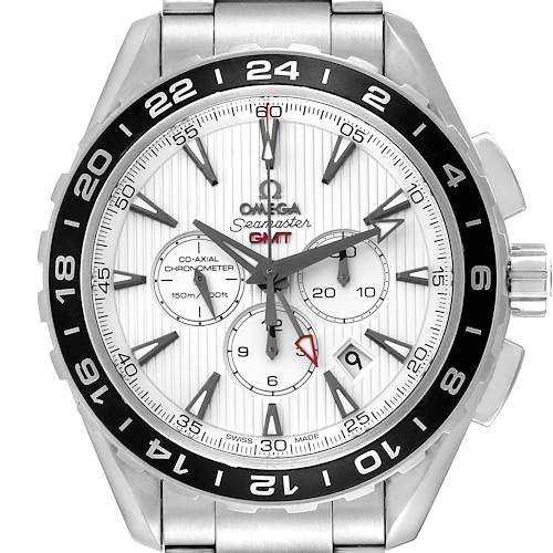 The image shows a front view of the Omega Seamaster 231.10.44.52.04.001 Men's Stainless Steel White Dial 231.10.44.52.04.001 Men's Stainless Steel White Dial GMT watch, highlighting its face, bezel, and part of the bracelet.