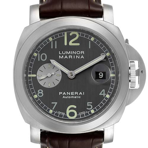 This image shows a front view of the Panerai Luminor PAM00086 Men's Stainless Steel Black Dial PAM00086 Men's Stainless Steel Black Dial watch, displaying the dial, crown guard, and leather strap.