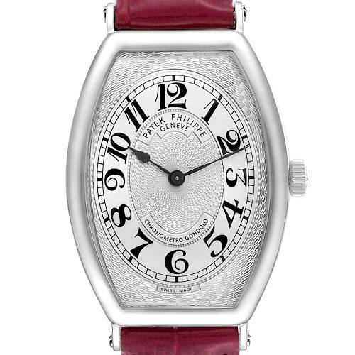 The image shows a frontal view of the Patek Philippe Gondolo 5098P Men's Platinum Silver Dial 5098P Men's Platinum Silver Dial watch, highlighting its face, dial, case, and part of the strap.