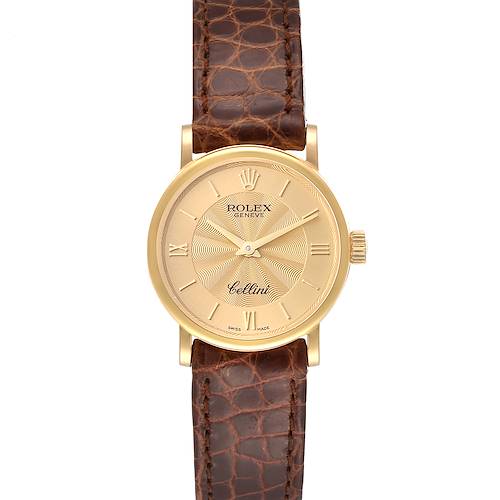 The image shows a frontal view of a Rolex Cellini 6110/8 Women's Yellow Gold Champagne Dial 6110/8 Women's Yellow Gold Champagne Dial watch featuring a gold dial and a brown leather strap.