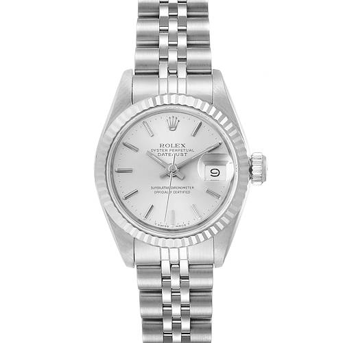 The image shows a full frontal view of the Rolex Datejust 69174 Women's Stainless Steel Silver Dial 69174 Women's Stainless Steel Silver Dial watch, featuring the face, bracelet, and crown.