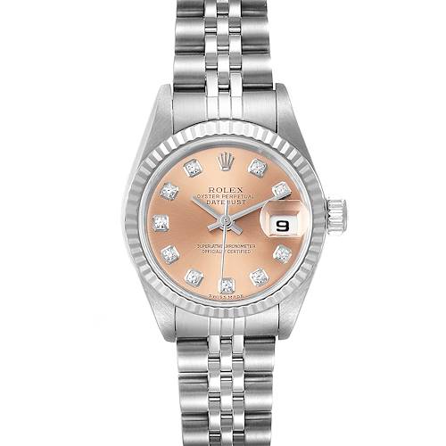 This image shows a Rolex Datejust 79174 Women's Stainless Steel Pink Dial 79174 Women's Stainless Steel Pink Dial watch from the front, highlighting the dial, bracelet, date window, and crown.