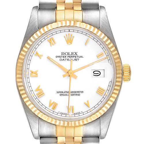 The image shows a front view of a Rolex Vintage Collection 16013 Men's Steel and Gold (two tone) White Dial 16013 Men's Steel and Gold (two tone) White Dial Datejust watch, highlighting the dial, bezel, crown, and bracelet.