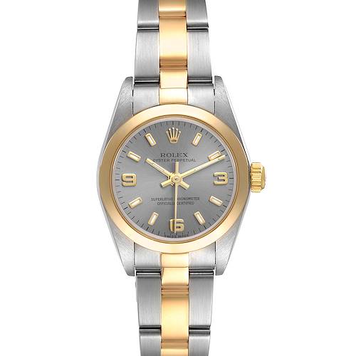 The image shows a front view of a Rolex Oyster Perpetual 76183 Women's Steel and Gold (two tone) Grey Dial 76183 Women's Steel and Gold (two tone) Grey Dial watch, featuring a two-tone metal bracelet and a grey dial.
