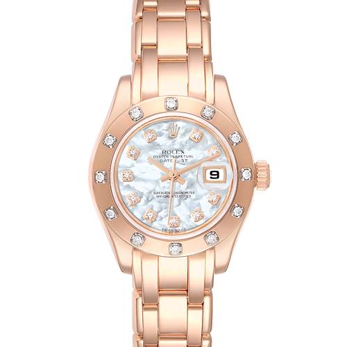 This image shows a front view of a Rolex Pearlmaster 80315 Women's Rose Gold Mother of Pearl Dial 80315 Women's Rose Gold Mother of Pearl Dial watch, highlighting its face, bezel, and bracelet.