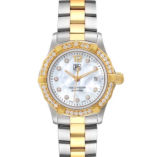 The image shows a front view of the Tag Heuer Aquaracer WAF1450.BA0825 Women's Steel and Gold (two tone) Mother of Pearl Dial WAF1450.BA0825 Women's Steel and Gold (two tone) Mother of Pearl Dial watch, highlighting the face, bezel, and band.