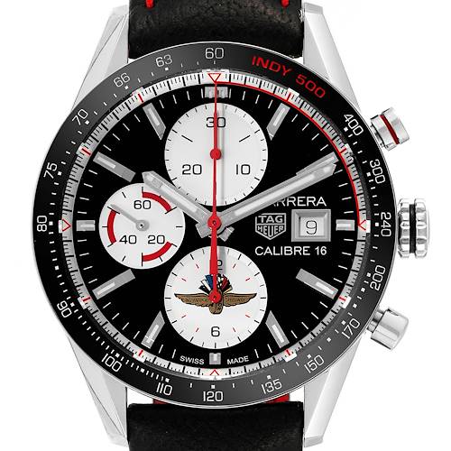 The image shows a close-up, front view of the Tag Heuer Carrera Calibre 16 Indy 500 Limited Edition watch.