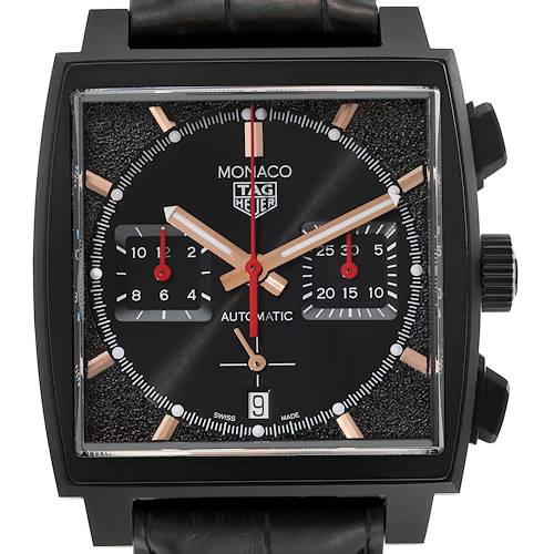 The image shows a front view of the Tag Heuer Monaco CBL2180 Men's Titanium Black Dial CBL2180 Men's Titanium Black Dial watch, highlighting the square face and chronograph details.