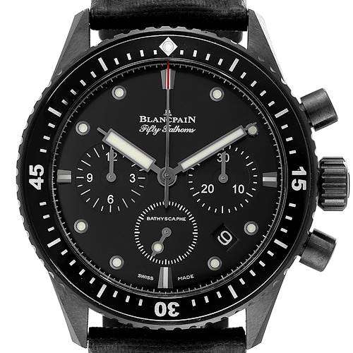 The image shows a front view of the Blancpain Fifty Fathoms 5200-0130-B52A Men's Ceramic Black Dial 5200-0130-B52A Men's Ceramic Black Dial Bathyscaphe watch, including the bezel, dial, hands, and subdials.
