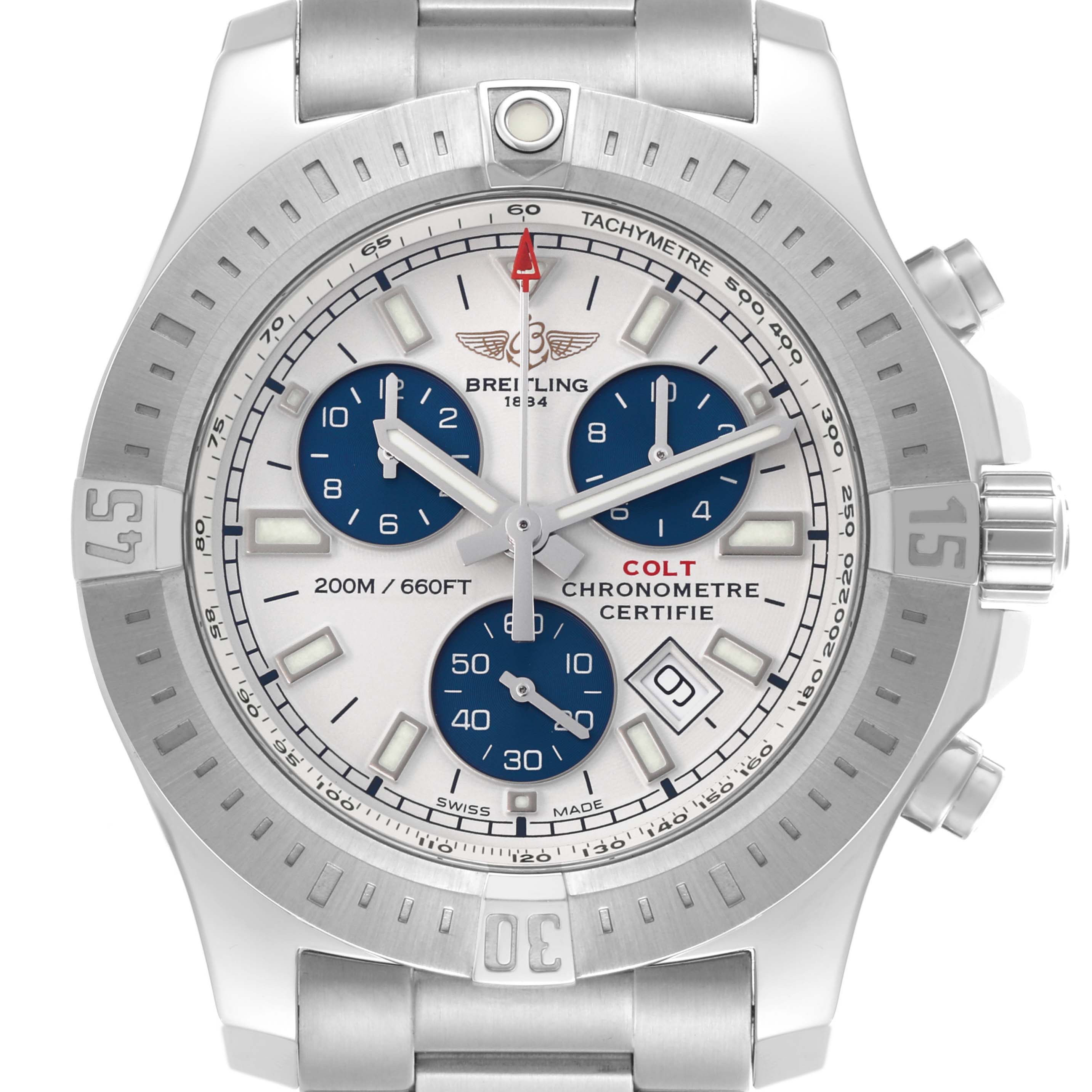 The Breitling Colt A73388 Men's Stainless Steel White Dial A73388 Men's Stainless Steel White Dial watch is shown from a front angle, highlighting the dial, bezel, subdials, and crown.