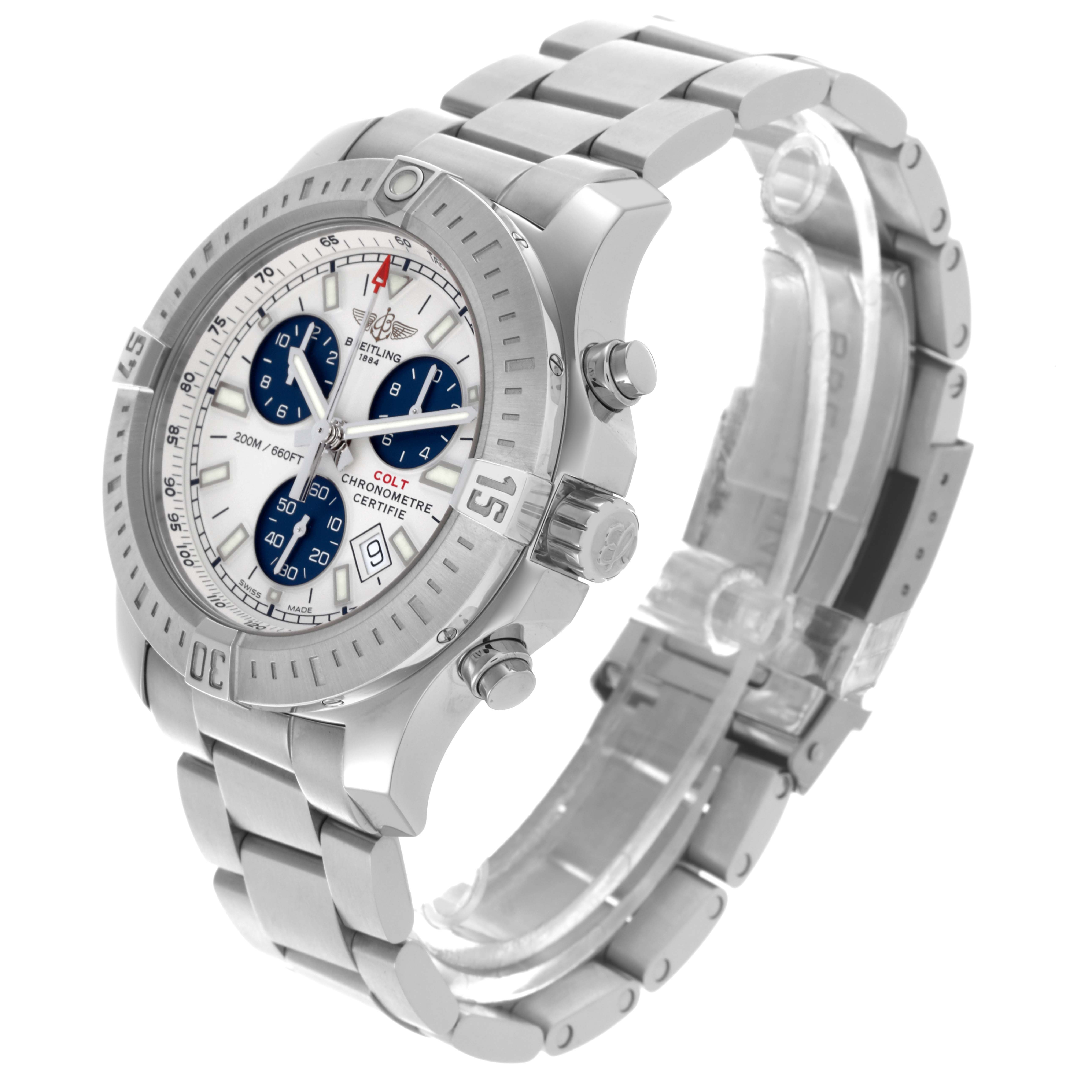 The Breitling Colt A73388 Men's Stainless Steel White Dial A73388 Men's Stainless Steel White Dial watch is shown at a three-quarter angle, highlighting the face, bezel, bracelet, and pushers.