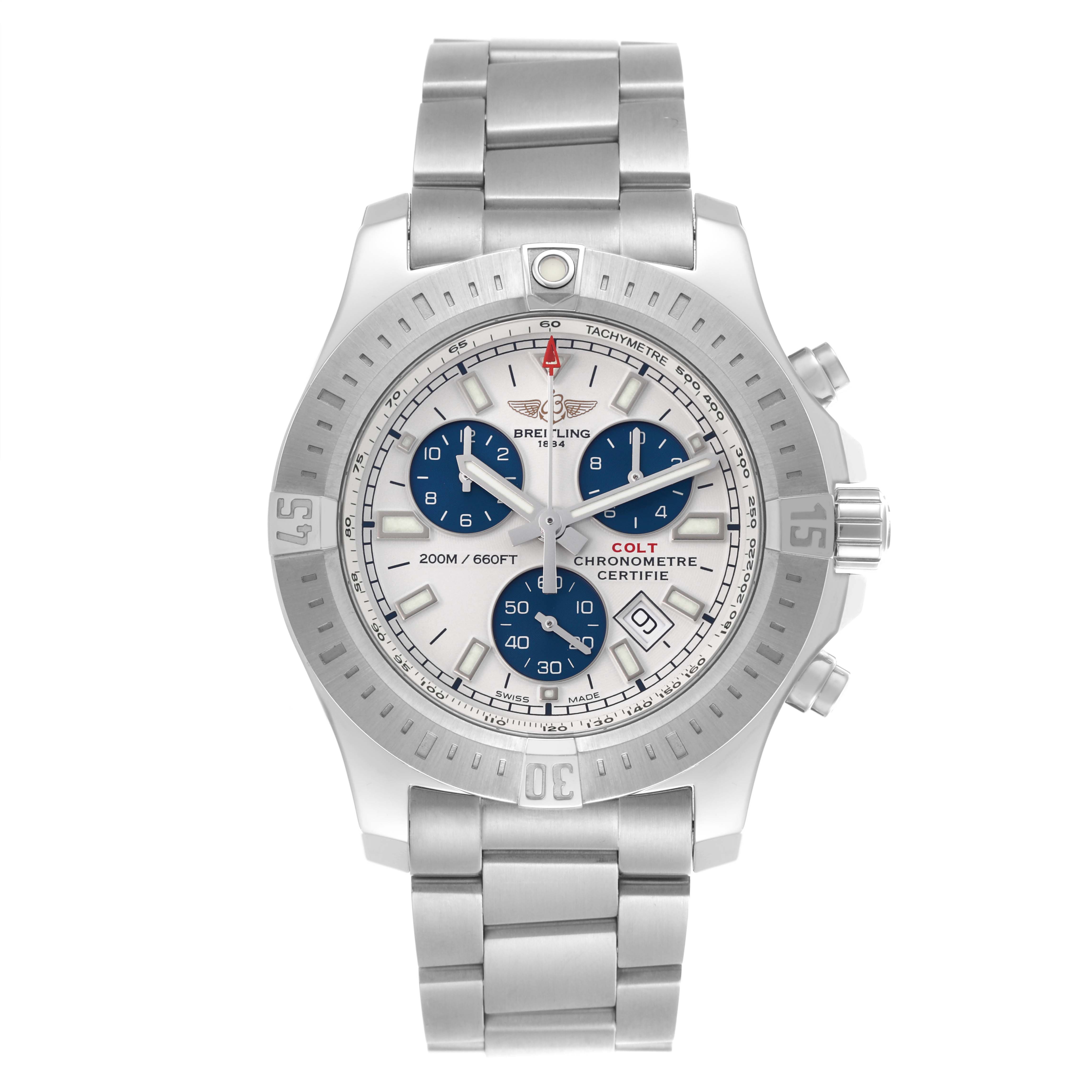 The Breitling Colt A73388 Men's Stainless Steel White Dial A73388 Men's Stainless Steel White Dial watch is shown from a front angle, displaying the bezel, dial, chronograph, and stainless steel bracelet.