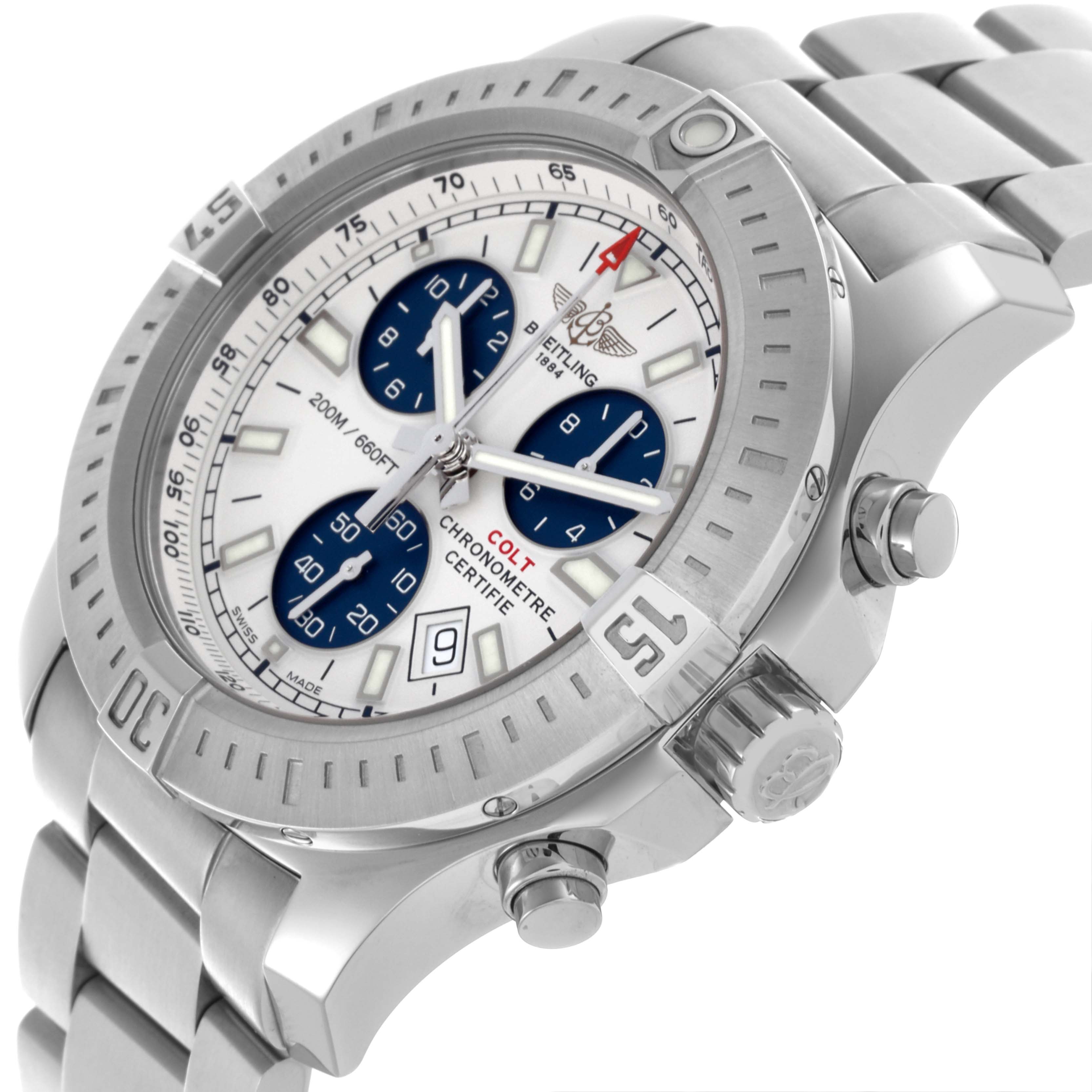 The Breitling Colt A73388 Men's Stainless Steel White Dial A73388 Men's Stainless Steel White Dial watch is shown at a slightly tilted side angle, highlighting the bezel, crown, buttons, and bracelet.