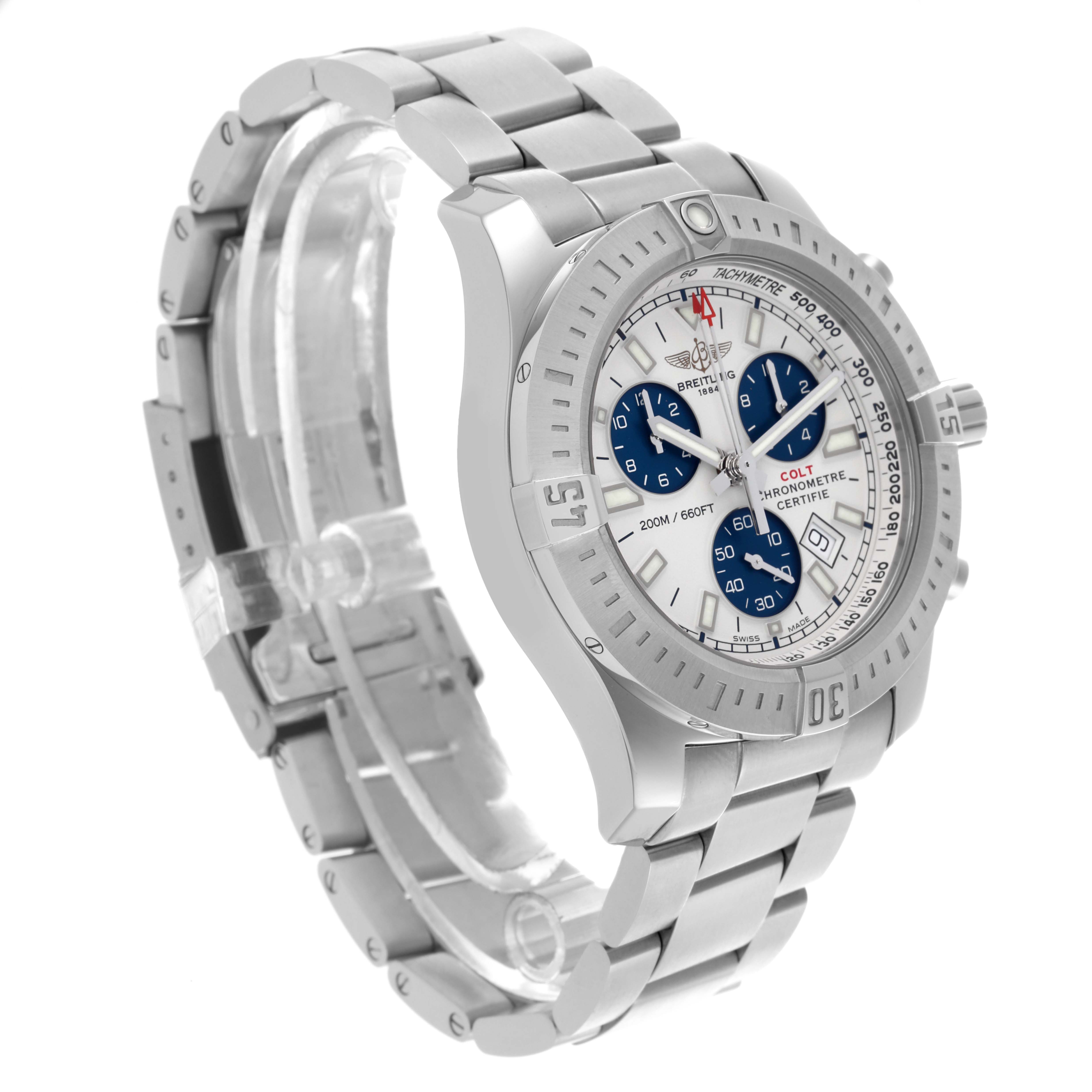 The Breitling Colt A73388 Men's Stainless Steel White Dial A73388 Men's Stainless Steel White Dial watch is shown at a three-quarter angle, displaying the bezel, dial, and bracelet.