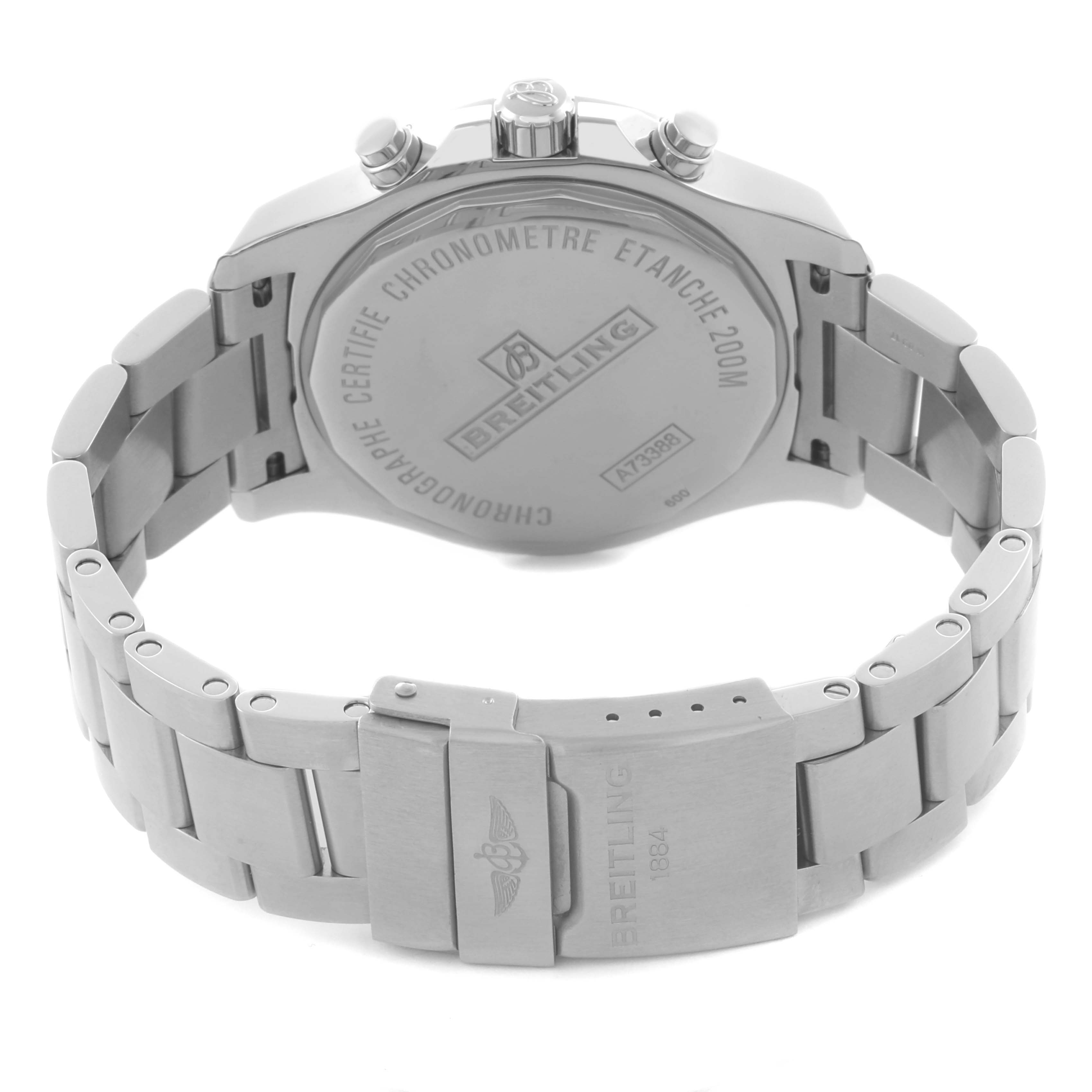 The image shows the back view of a Breitling Colt A73388 Men's Stainless Steel White Dial A73388 Men's Stainless Steel White Dial watch, highlighting the case back and bracelet with clasp.