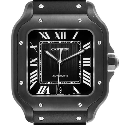 The Cartier Santos WSSA0039 Men's Stainless Steel Black Dial WSSA0039 Men's Stainless Steel Black Dial watch is shown from a front angle, highlighting the dial, bezel, screws, and part of the case.