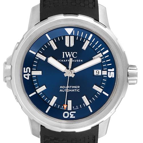 The image shows a front view of an IWC Aquatimer IW329005 Men's Stainless Steel Blue Dial IW329005 Men's Stainless Steel Blue Dial watch, featuring a blue dial, silver hands, bezel, and a black strap.
