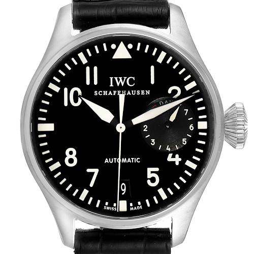 This image shows a frontal view of the IWC Pilot IW500401 Men's Stainless Steel Black Dial IW500401 Men's Stainless Steel Black Dial watch, highlighting the dial, crown, and leather strap.