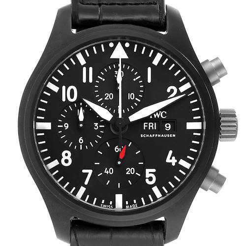 The image shows a front view of the IWC Pilot IW389101 Men's Ceramic Black Dial IW389101 Men's Ceramic Black Dial model watch, displaying the dial, sub-dials, crown, and pushers.