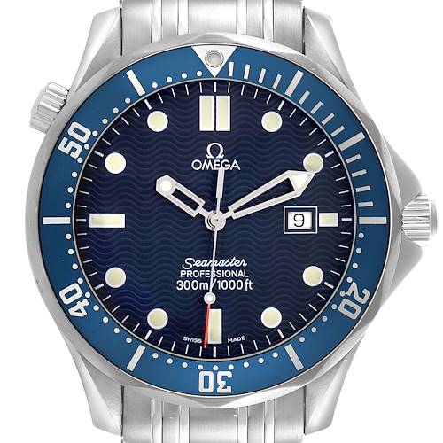 The Omega Seamaster 2541.80.00 Men's Stainless Steel Blue Dial 2541.80.00 Men's Stainless Steel Blue Dial watch is shown from the front, displaying the dial, bezel, hands, and bracelet.