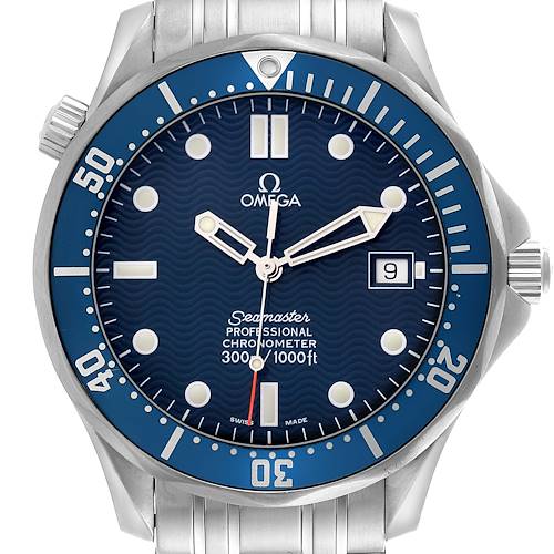 The Omega Seamaster 2531.80.00 Men's Stainless Steel Blue Dial 2531.80.00 Men's Stainless Steel Blue Dial watch is shown from a front angle, displaying the face, bezel, crown, and part of the bracelet.
