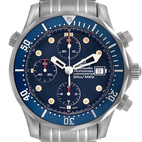 The image shows the Omega Seamaster 2298.80.00 Men's Titanium Blue Dial 2298.80.00 Men's Titanium Blue Dial watch face directly, displaying the bezel, dials, hands, and date window.