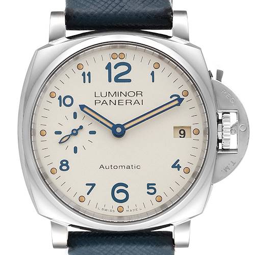 The image shows a front view of the Panerai Luminor Due PAM00903 Men's Stainless Steel Beige Dial PAM00903 Men's Stainless Steel Beige Dial watch, highlighting its dial, case, crown guard, and part of the strap.