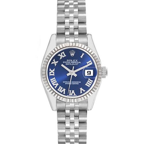 The Rolex Datejust 179174 Women's Stainless Steel Blue Dial 179174 Women's Stainless Steel Blue Dial watch is shown from the front, displaying its blue dial, Roman numerals, date window, and Jubilee bracelet.