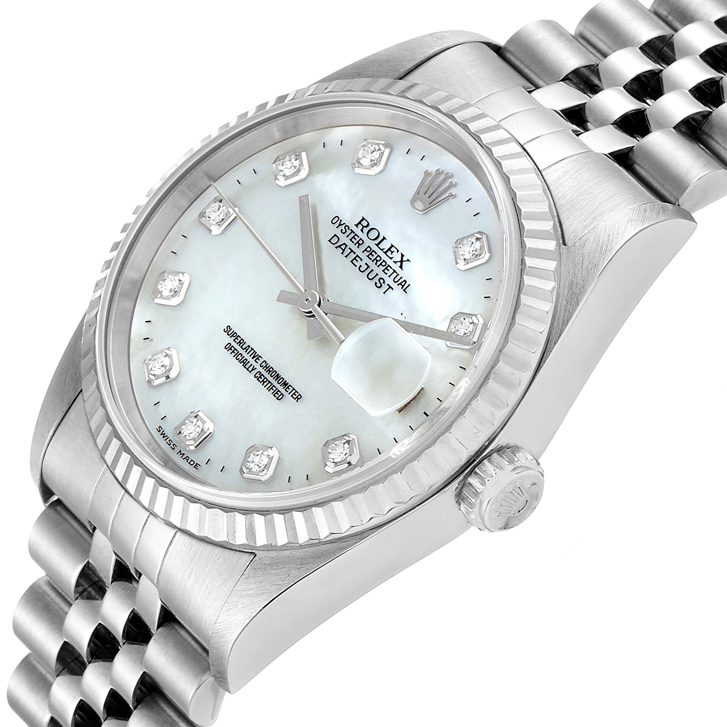 The image shows a close-up, angled view of the Rolex Datejust 16234 Men's Stainless Steel Mother of Pearl Dial 16234 Men's Stainless Steel Mother of Pearl Dial watch, highlighting the dial, bezel, and part of the bracelet.