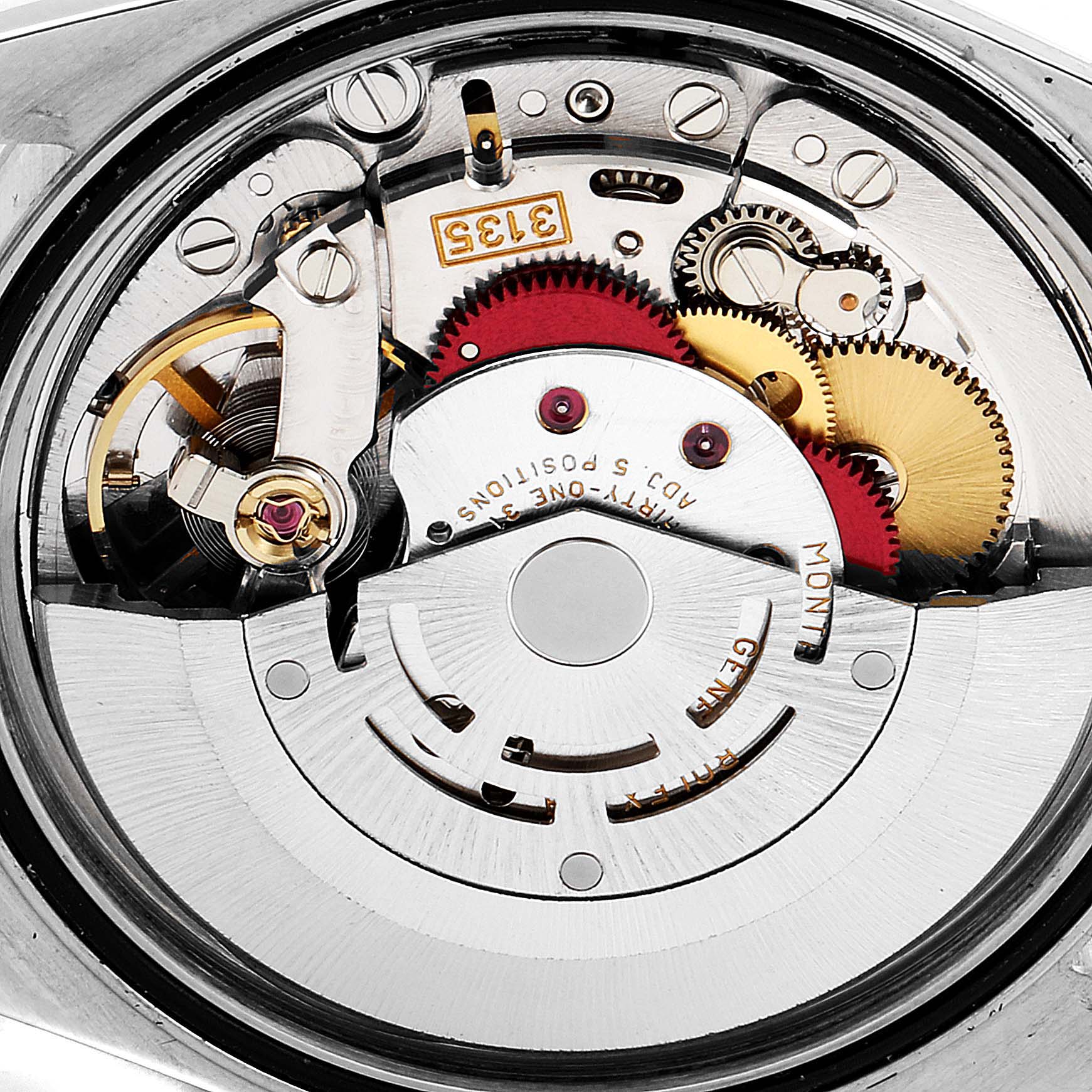 This image shows the intricate internal mechanism of a Rolex Datejust 16234 Men's Stainless Steel Mother of Pearl Dial 16234 Men's Stainless Steel Mother of Pearl Dial watch from a close-up angle.