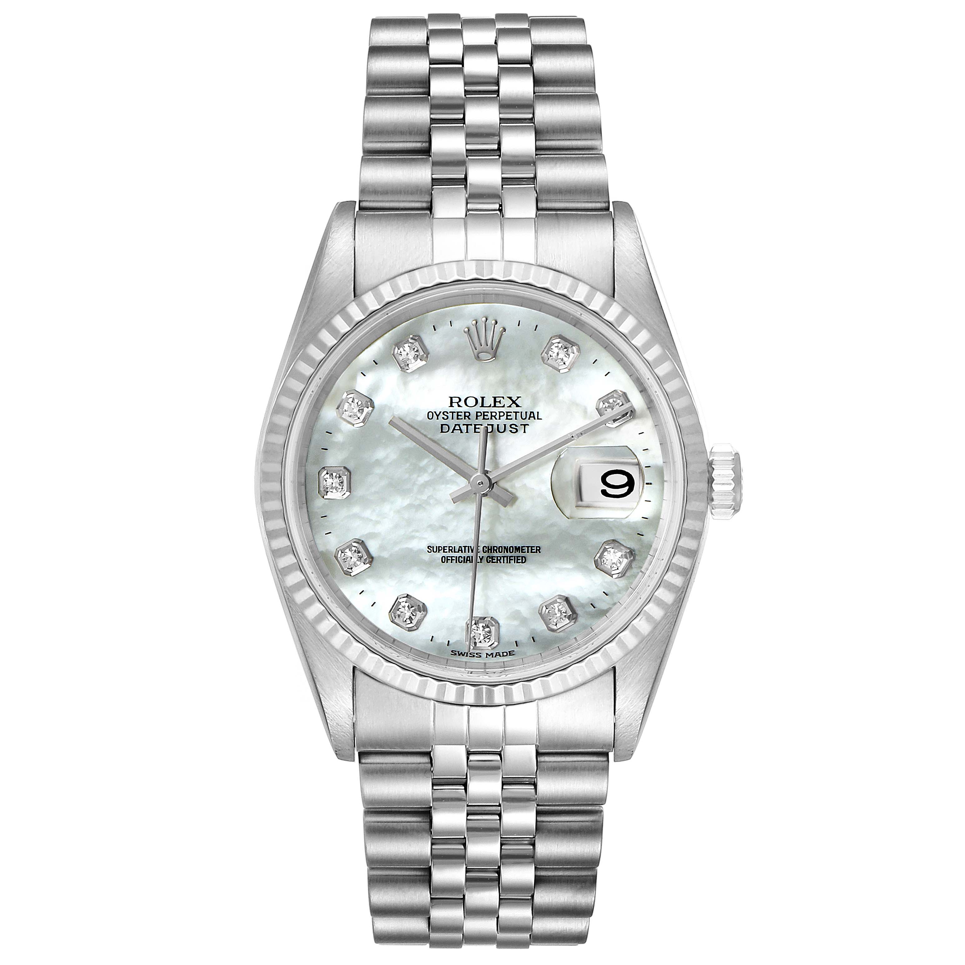 This image shows a full frontal view of the Rolex Datejust 16234 Men's Stainless Steel Mother of Pearl Dial 16234 Men's Stainless Steel Mother of Pearl Dial watch, highlighting the face and bracelet.