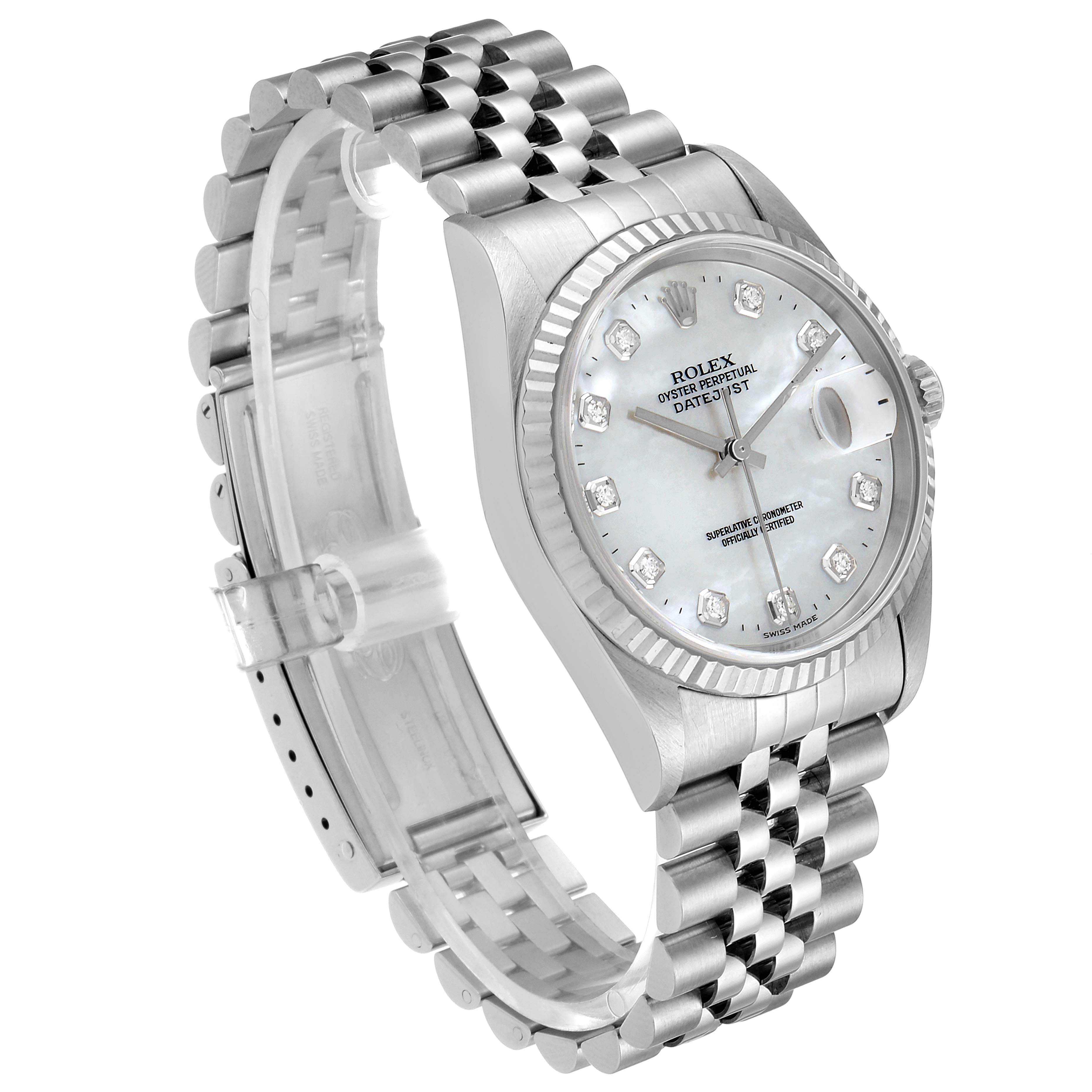 This is a side angle view of a Rolex Datejust 16234 Men's Stainless Steel Mother of Pearl Dial 16234 Men's Stainless Steel Mother of Pearl Dial watch, showing the dial, crown, and bracelet.