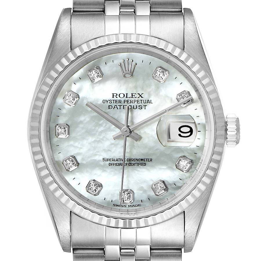 The image shows a Rolex Datejust 16234 Men's Stainless Steel Mother of Pearl Dial 16234 Men's Stainless Steel Mother of Pearl Dial watch, capturing the dial, hands, bezel, and part of the bracelet at a top-down angle.