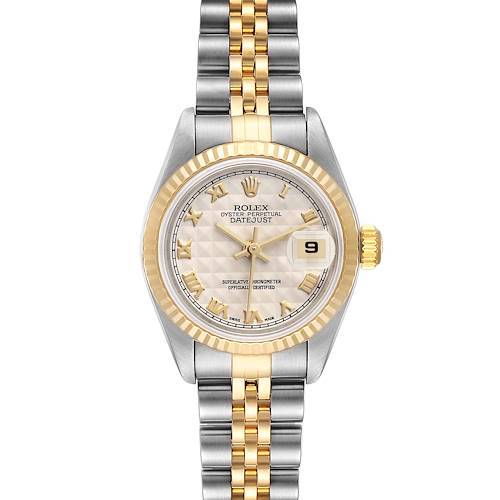 This image shows a Rolex Datejust 79173 Women's Steel and Gold (two tone) Beige Dial 79173 Women's Steel and Gold (two tone) Beige Dial watch from the front, highlighting the face, dial, bezel, and two-tone metal bracelet.
