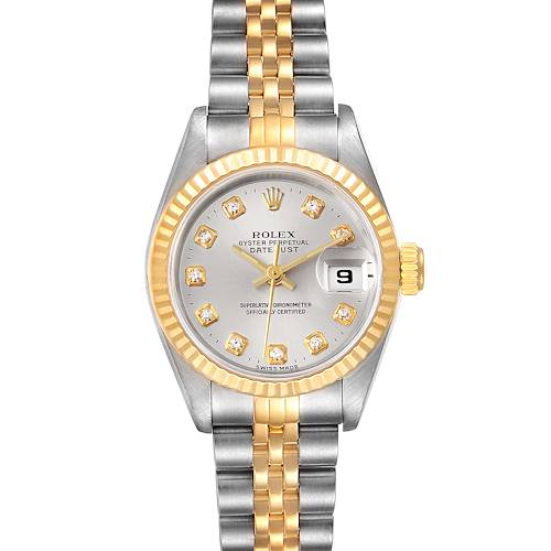 The Rolex Datejust 69173 Women's Steel and Gold (two tone) Silver Dial 69173 Women's Steel and Gold (two tone) Silver Dial watch is shown from the front angle, displaying its dial, crown, and two-tone bracelet.