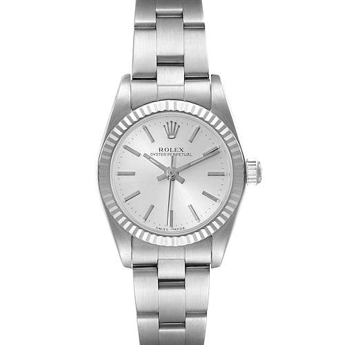 The image shows a front view of a Rolex Oyster Perpetual 76094 Women's Stainless Steel Silver Dial 76094 Women's Stainless Steel Silver Dial watch, displaying its face and metal bracelet.